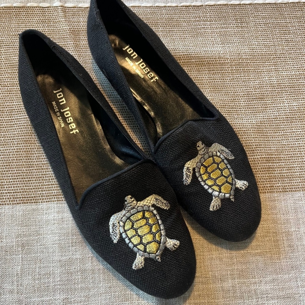 Jon Josef Black Woven Sea Turtle Embroidered Smoking Slipper Flats Womens 8.5 M